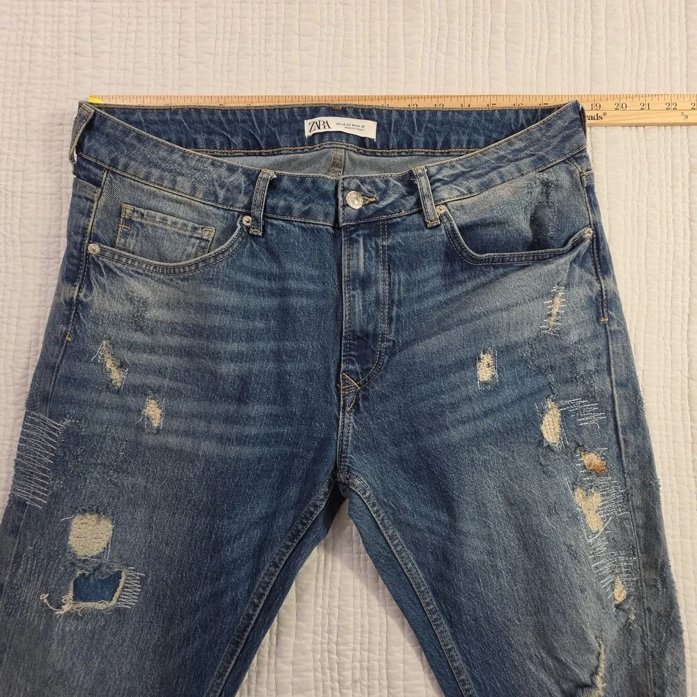 Zara Jeans Men's 36x30 Med Wash Destroyed Patched Tapered Leg Stretch Denim